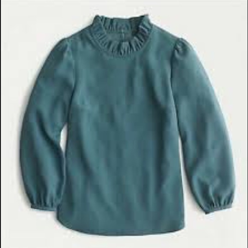 NWT J.Crew Academic Large Green Long Sleeve Ruffle-Neck Top in 365 Crepe